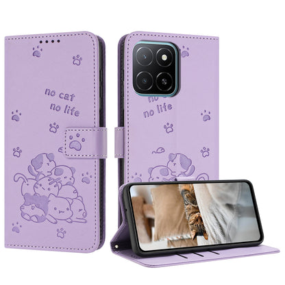 Honor X5b Embossed Kitten PU Leather Wallet Case with Card Slots, Cash Pocket, Kickstand Function, Wrist Lanyard Strap, Full Protective TPU Flip Cover