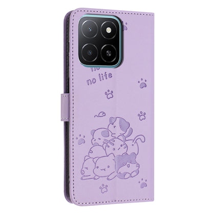 Honor X5b Plus Embossed Kitten PU Leather Wallet Case with Card Slots, Cash Pocket, Kickstand Function, Wrist Lanyard Strap, Full Protective TPU Flip Cover