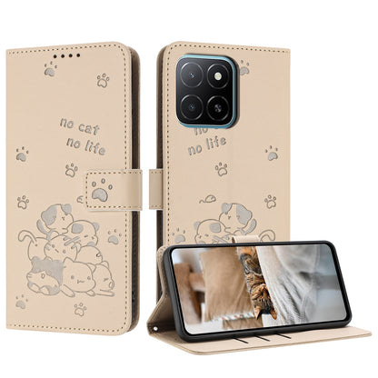 Honor X5b Plus Embossed Kitten PU Leather Wallet Case with Card Slots, Cash Pocket, Kickstand Function, Wrist Lanyard Strap, Full Protective TPU Flip Cover