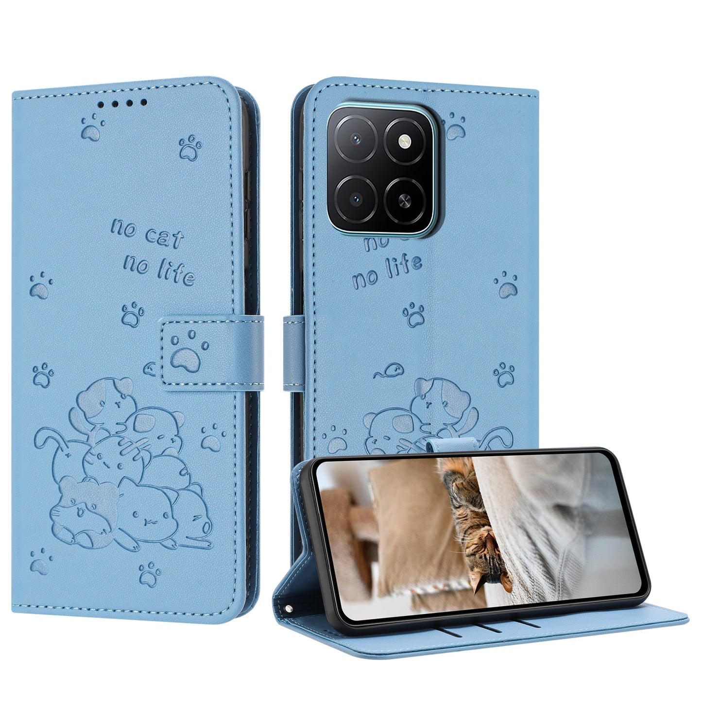 Honor X5b Embossed Kitten PU Leather Wallet Case with Card Slots, Cash Pocket, Kickstand Function, Wrist Lanyard Strap, Full Protective TPU Flip Cover
