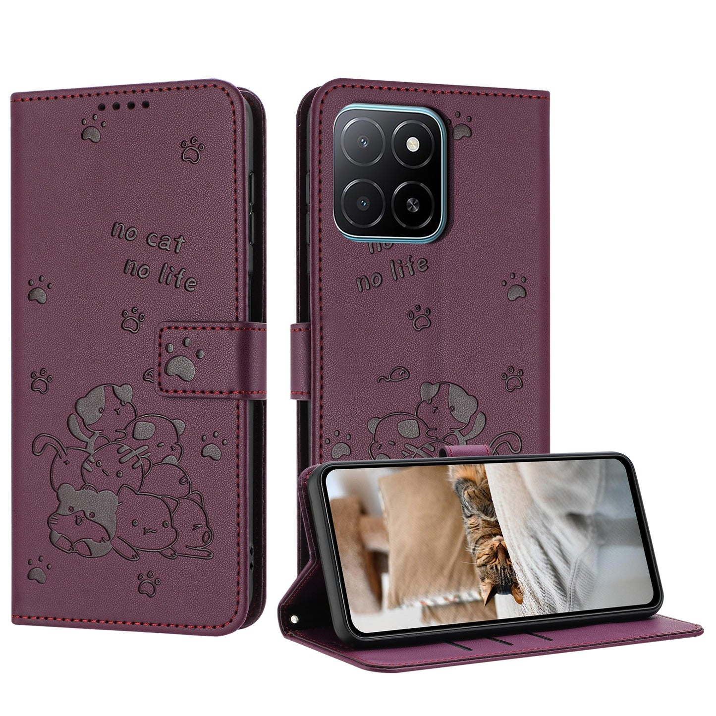 Honor X5b Embossed Kitten PU Leather Wallet Case with Card Slots, Cash Pocket, Kickstand Function, Wrist Lanyard Strap, Full Protective TPU Flip Cover