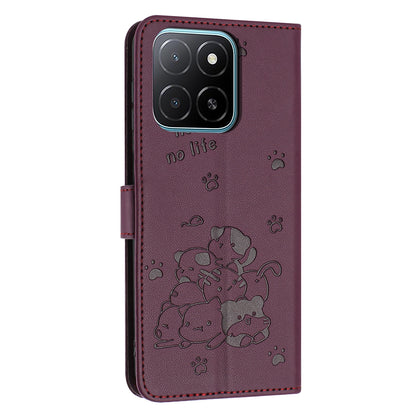 Honor X5b Embossed Kitten PU Leather Wallet Case with Card Slots, Cash Pocket, Kickstand Function, Wrist Lanyard Strap, Full Protective TPU Flip Cover