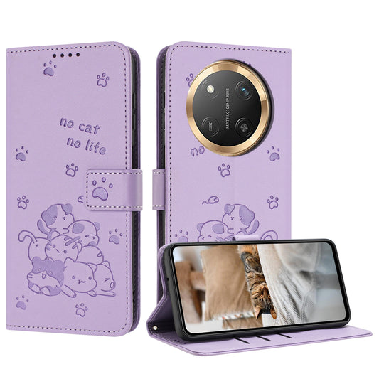 Honor X9c Embossed Kitten PU Leather Wallet Case with Card Slots, Cash Pocket, Kickstand Function, Wrist Lanyard Strap, Full Protective TPU Flip Cover