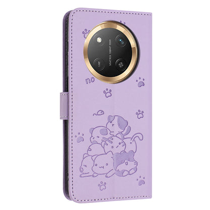 Honor X9c Embossed Kitten PU Leather Wallet Case with Card Slots, Cash Pocket, Kickstand Function, Wrist Lanyard Strap, Full Protective TPU Flip Cover