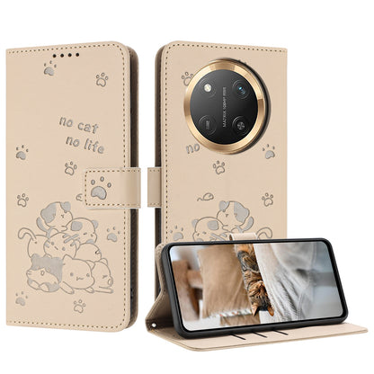 Honor X9c Embossed Kitten PU Leather Wallet Case with Card Slots, Cash Pocket, Kickstand Function, Wrist Lanyard Strap, Full Protective TPU Flip Cover