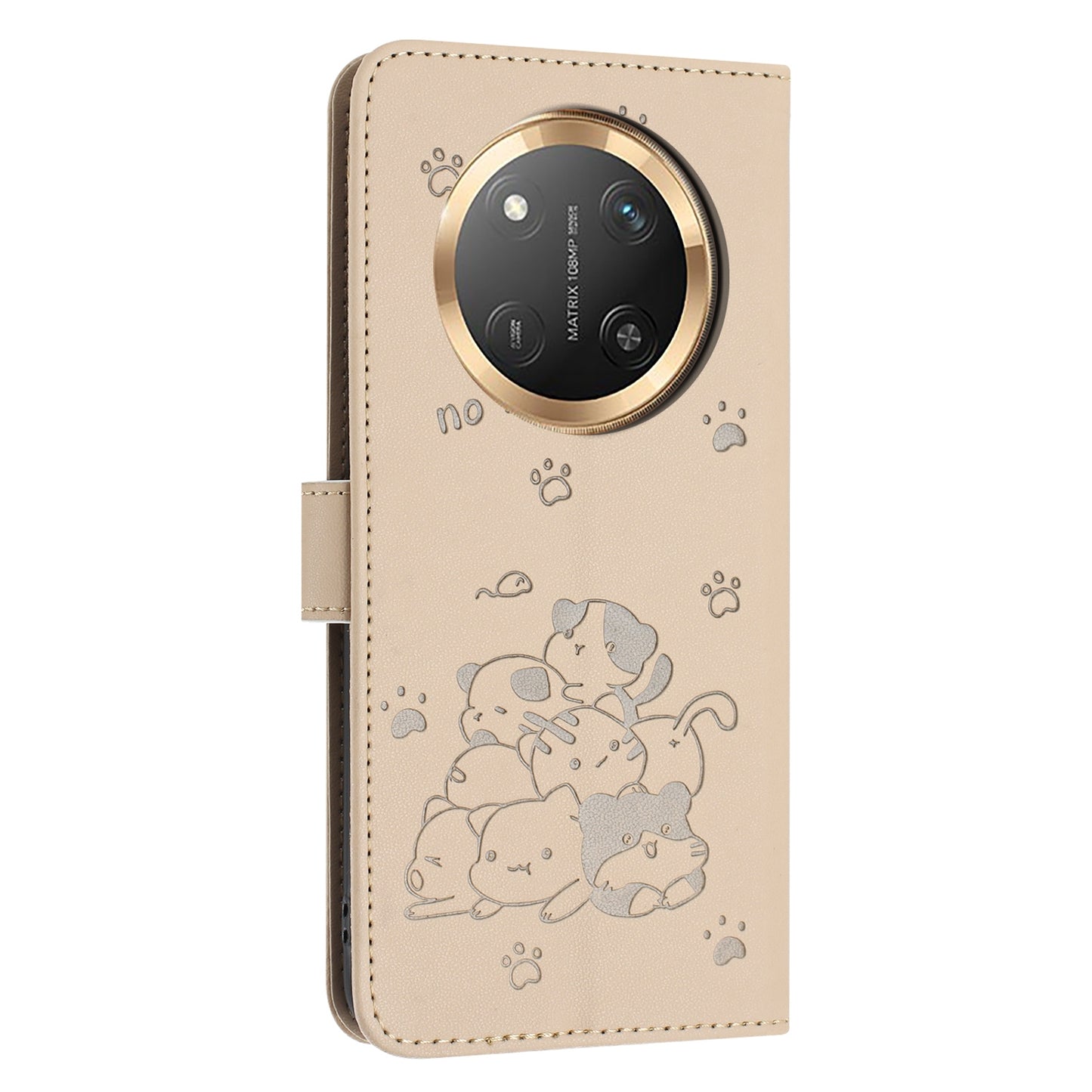 Honor X9c Embossed Kitten PU Leather Wallet Case with Card Slots, Cash Pocket, Kickstand Function, Wrist Lanyard Strap, Full Protective TPU Flip Cover