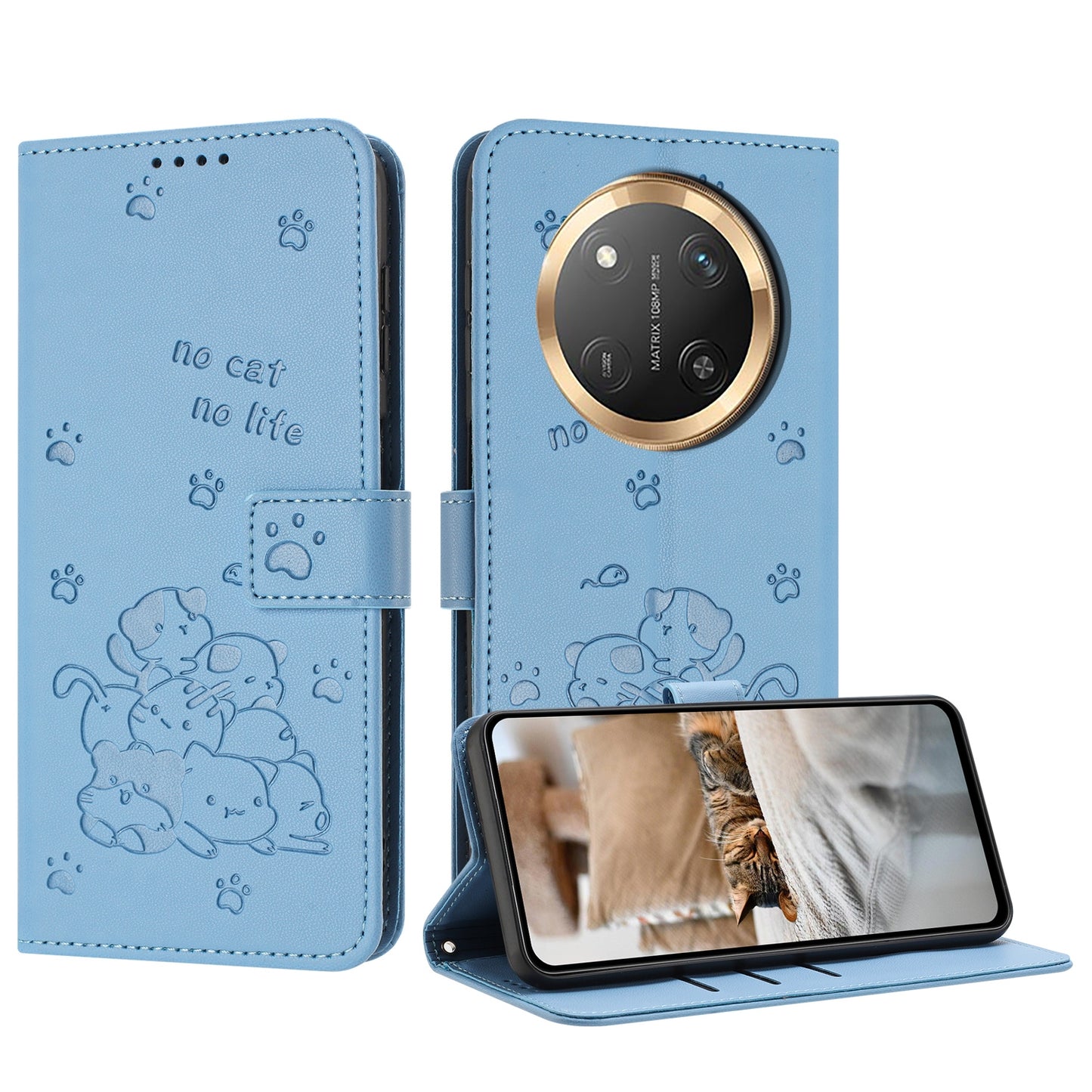 Honor X9c Embossed Kitten PU Leather Wallet Case with Card Slots, Cash Pocket, Kickstand Function, Wrist Lanyard Strap, Full Protective TPU Flip Cover