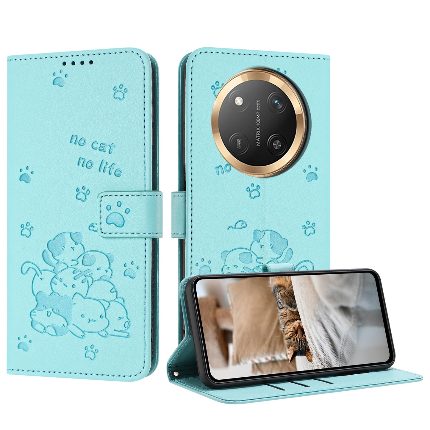 Honor X9c Embossed Kitten PU Leather Wallet Case with Card Slots, Cash Pocket, Kickstand Function, Wrist Lanyard Strap, Full Protective TPU Flip Cover