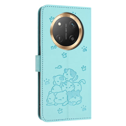 Honor X9c Embossed Kitten PU Leather Wallet Case with Card Slots, Cash Pocket, Kickstand Function, Wrist Lanyard Strap, Full Protective TPU Flip Cover