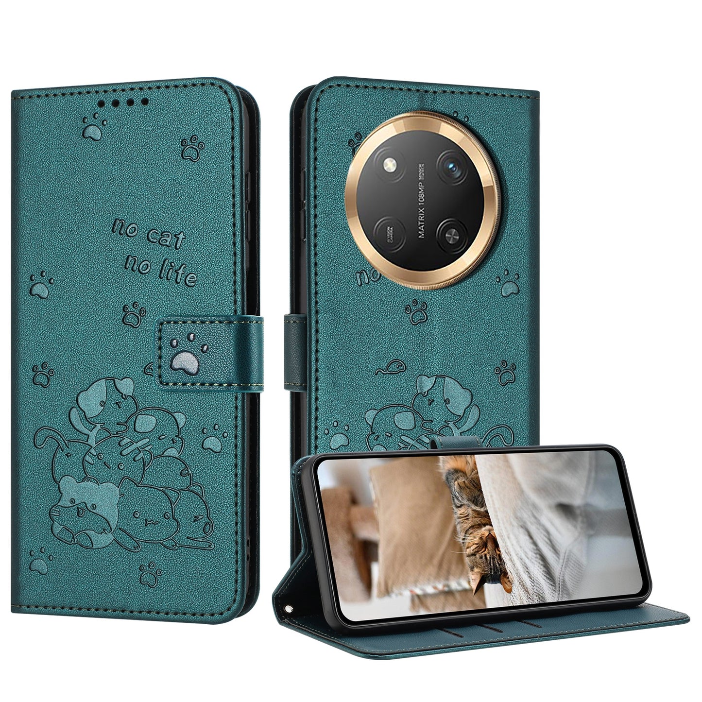 Honor X9c Embossed Kitten PU Leather Wallet Case with Card Slots, Cash Pocket, Kickstand Function, Wrist Lanyard Strap, Full Protective TPU Flip Cover