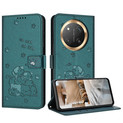 Honor X9c Embossed Kitten PU Leather Wallet Case with Card Slots, Cash Pocket, Kickstand Function, Wrist Lanyard Strap, Full Protective TPU Flip Cover