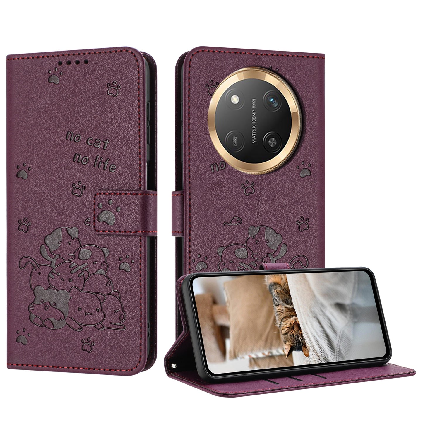 Honor X9c Embossed Kitten PU Leather Wallet Case with Card Slots, Cash Pocket, Kickstand Function, Wrist Lanyard Strap, Full Protective TPU Flip Cover
