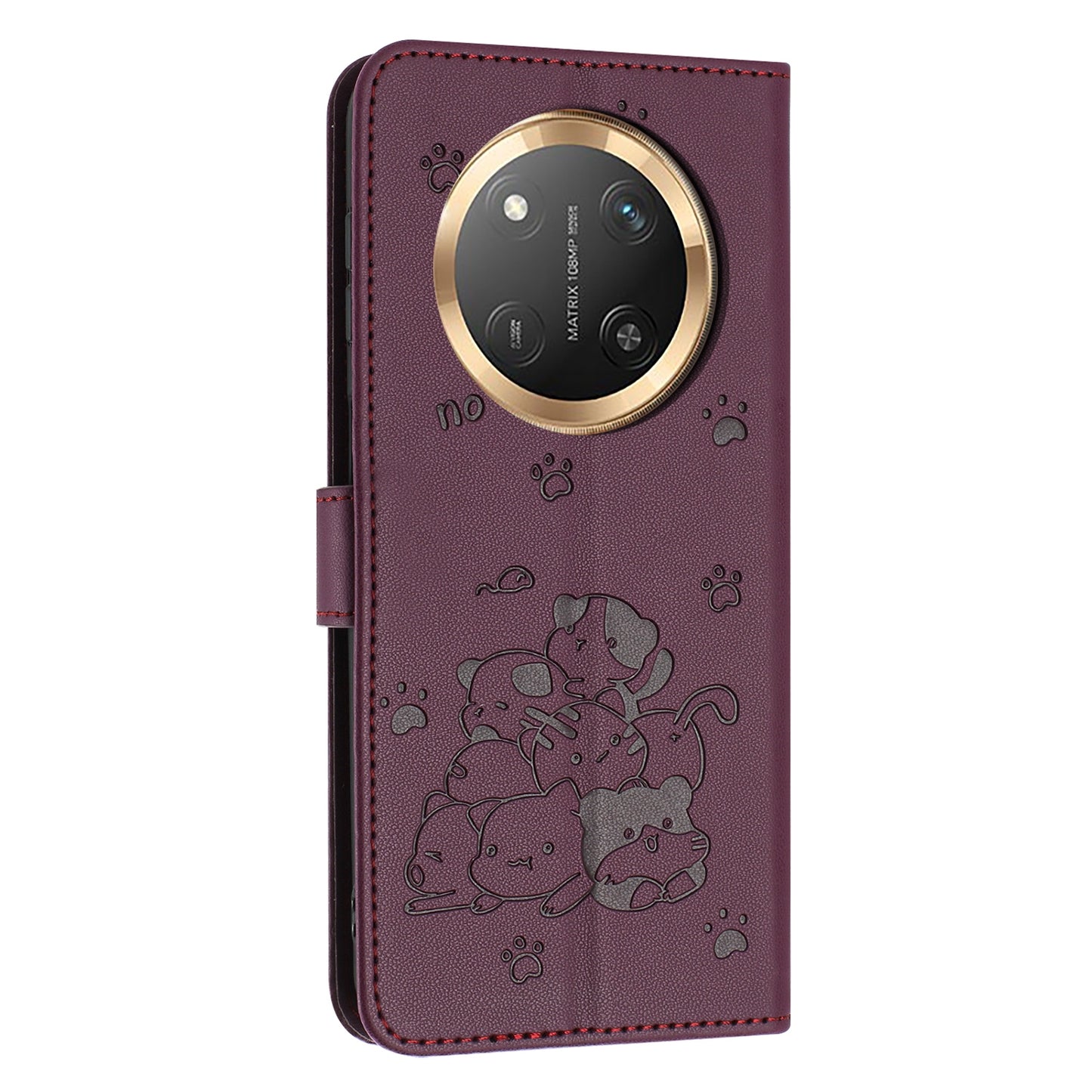 Honor X9c Embossed Kitten PU Leather Wallet Case with Card Slots, Cash Pocket, Kickstand Function, Wrist Lanyard Strap, Full Protective TPU Flip Cover