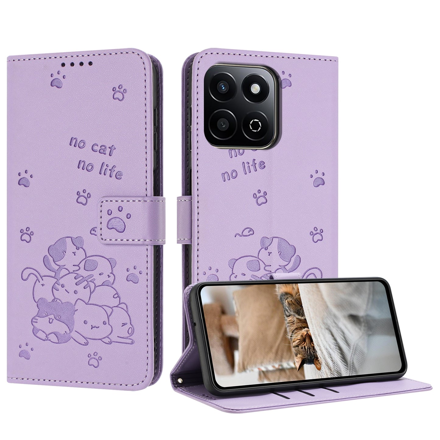 Honor X7c 4G Embossed Kitten PU Leather Wallet Case with Card Slots, Cash Pocket, Kickstand Function, Wrist Lanyard Strap, Full Protective TPU Flip Cover