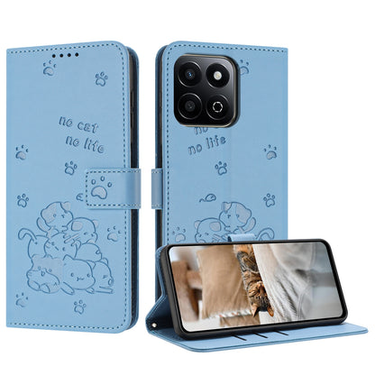 Honor X7c 4G Embossed Kitten PU Leather Wallet Case with Card Slots, Cash Pocket, Kickstand Function, Wrist Lanyard Strap, Full Protective TPU Flip Cover