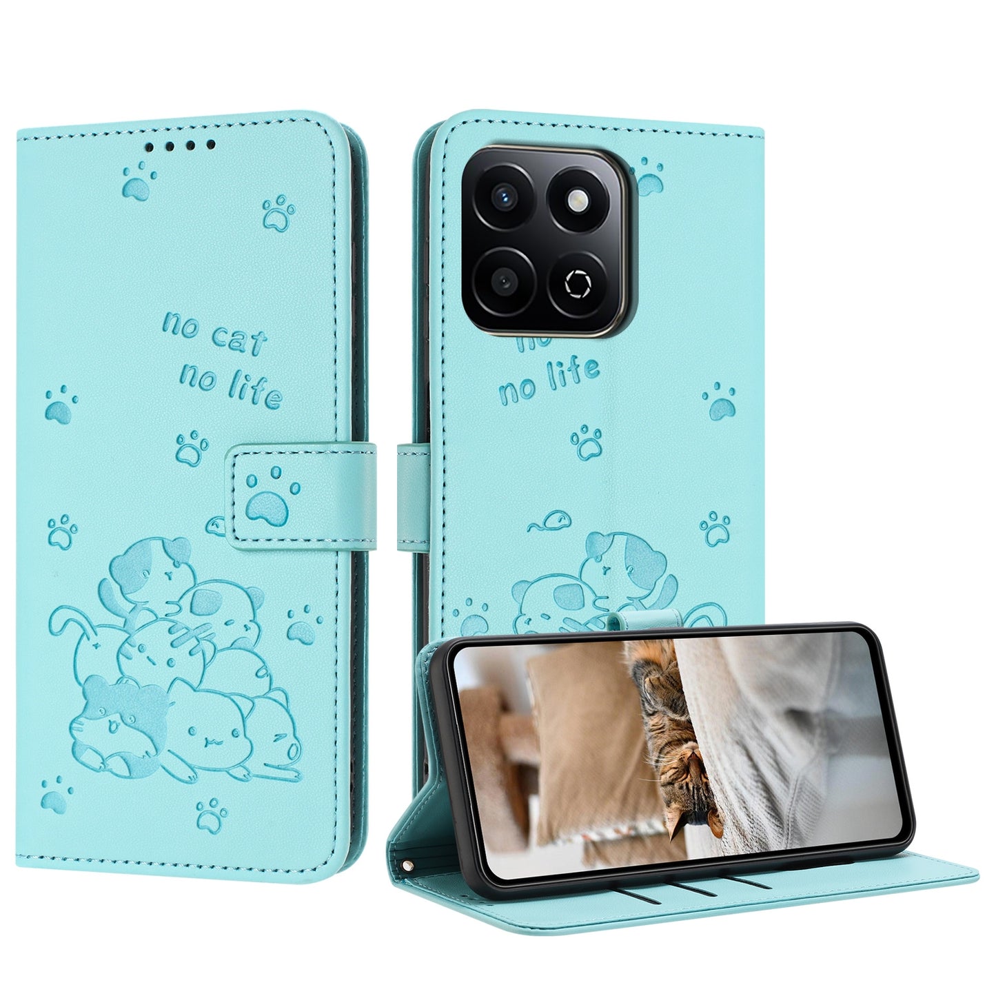 Honor X7c 4G Embossed Kitten PU Leather Wallet Case with Card Slots, Cash Pocket, Kickstand Function, Wrist Lanyard Strap, Full Protective TPU Flip Cover