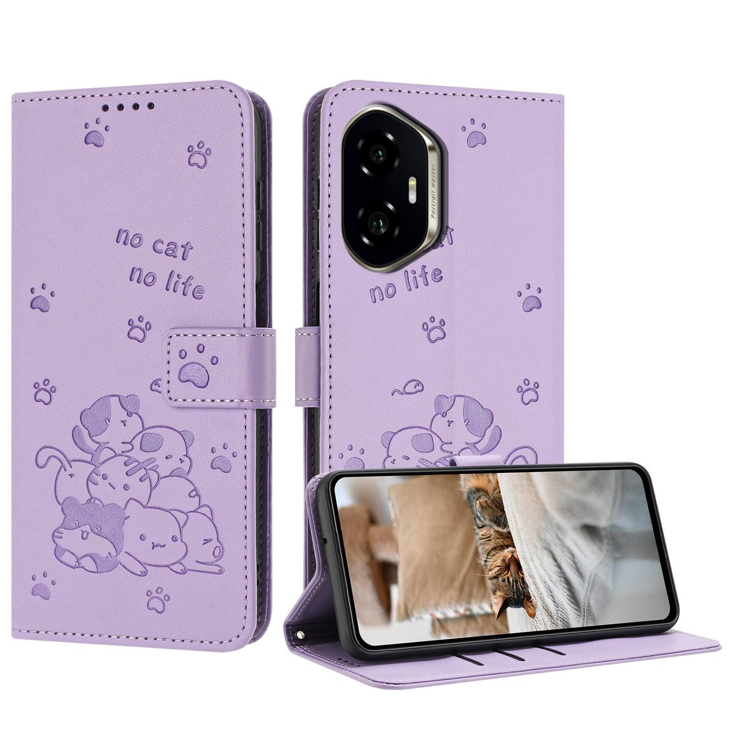 Honor 300 Embossed Kitten PU Leather Wallet Case with Card Slots, Cash Pocket, Kickstand Function, Wrist Lanyard Strap, Full Protective TPU Flip Cover