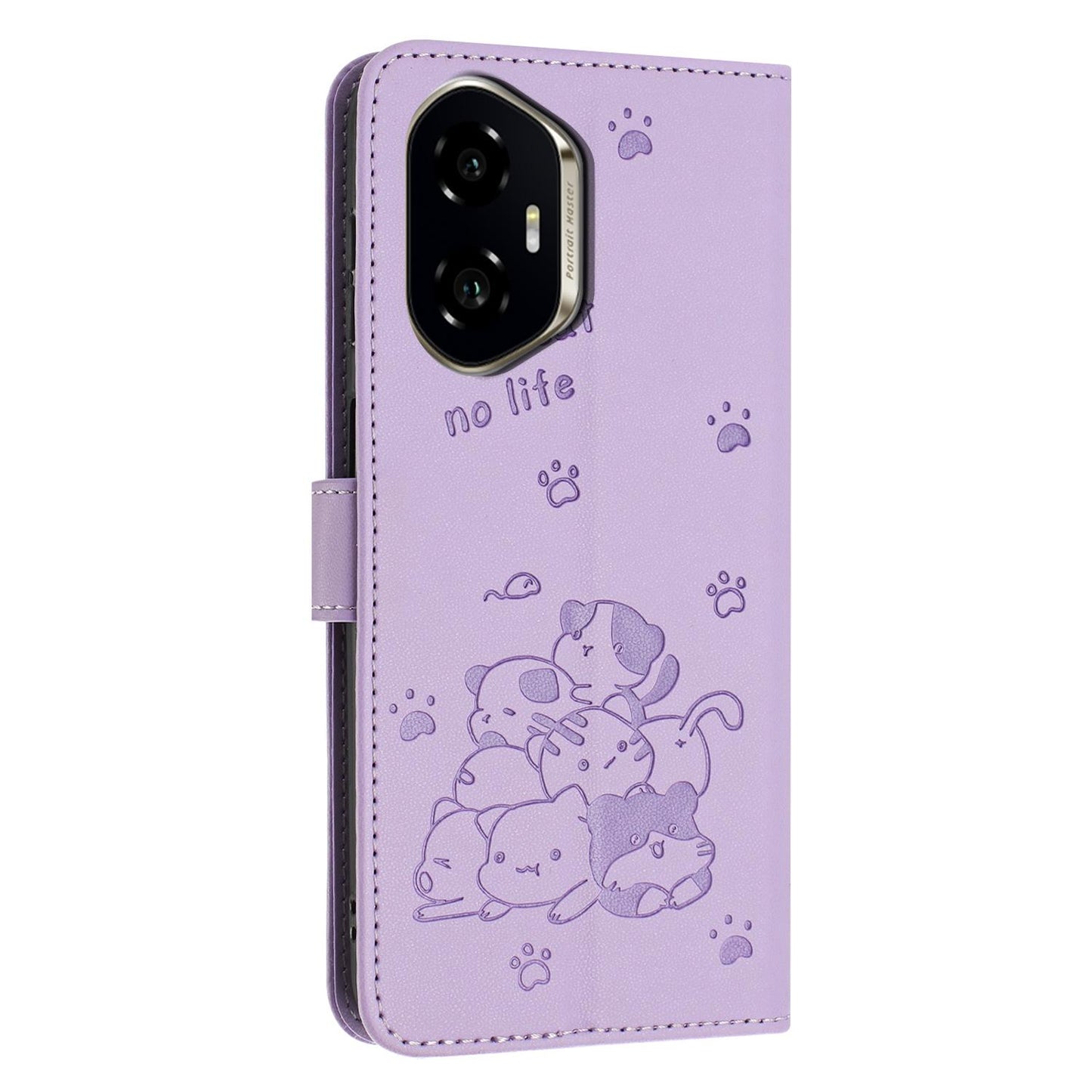 Honor 300 Embossed Kitten PU Leather Wallet Case with Card Slots, Cash Pocket, Kickstand Function, Wrist Lanyard Strap, Full Protective TPU Flip Cover