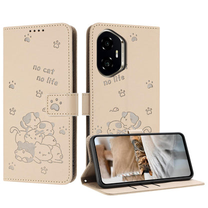 Honor 300 Embossed Kitten PU Leather Wallet Case with Card Slots, Cash Pocket, Kickstand Function, Wrist Lanyard Strap, Full Protective TPU Flip Cover