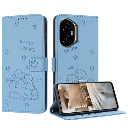 Honor 300 Embossed Kitten PU Leather Wallet Case with Card Slots, Cash Pocket, Kickstand Function, Wrist Lanyard Strap, Full Protective TPU Flip Cover