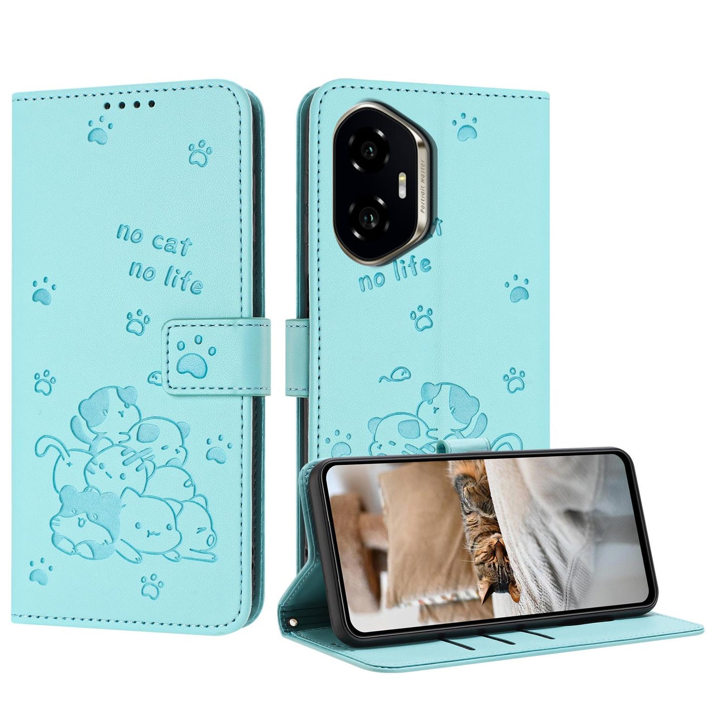 Honor 300 Embossed Kitten PU Leather Wallet Case with Card Slots, Cash Pocket, Kickstand Function, Wrist Lanyard Strap, Full Protective TPU Flip Cover