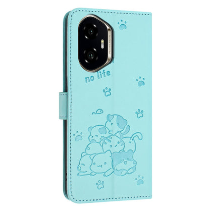 Honor 300 Embossed Kitten PU Leather Wallet Case with Card Slots, Cash Pocket, Kickstand Function, Wrist Lanyard Strap, Full Protective TPU Flip Cover