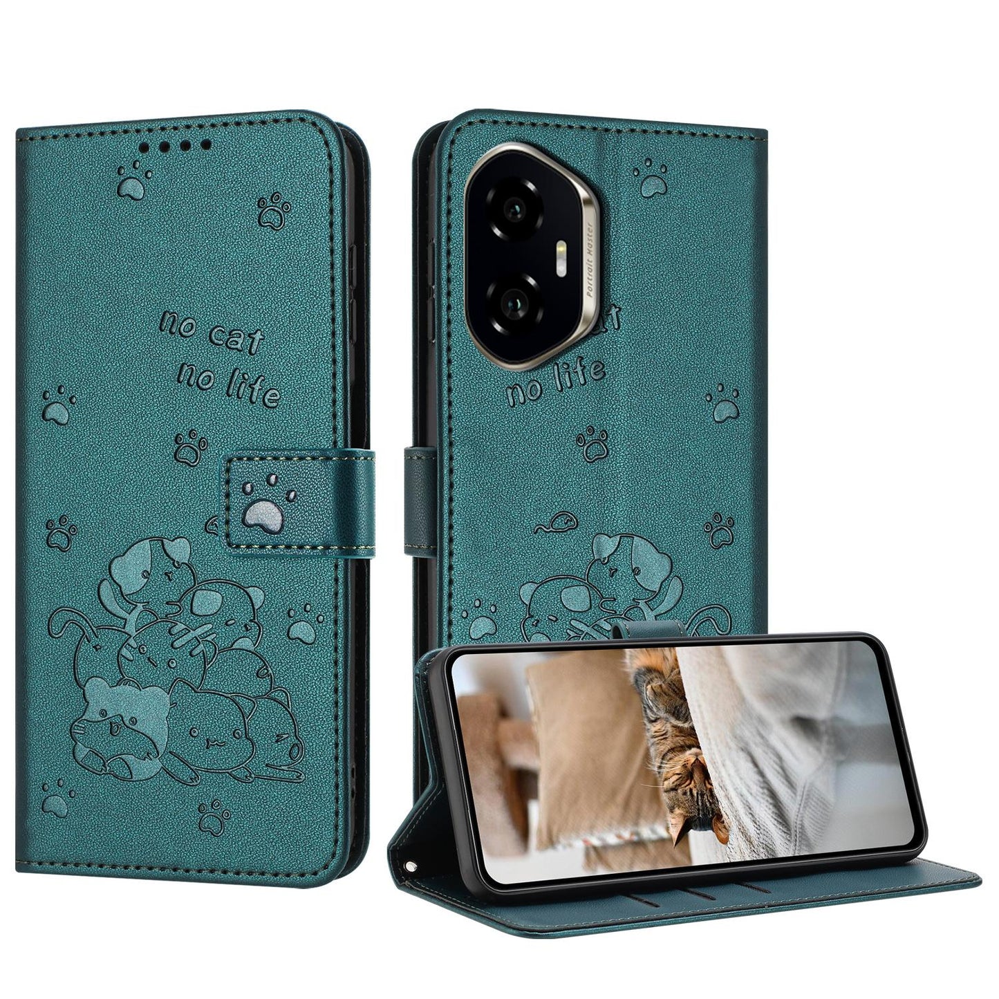 Honor 300 Embossed Kitten PU Leather Wallet Case with Card Slots, Cash Pocket, Kickstand Function, Wrist Lanyard Strap, Full Protective TPU Flip Cover