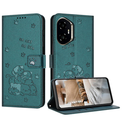Honor 300 Embossed Kitten PU Leather Wallet Case with Card Slots, Cash Pocket, Kickstand Function, Wrist Lanyard Strap, Full Protective TPU Flip Cover