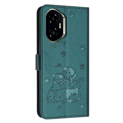 Honor 300 Embossed Kitten PU Leather Wallet Case with Card Slots, Cash Pocket, Kickstand Function, Wrist Lanyard Strap, Full Protective TPU Flip Cover