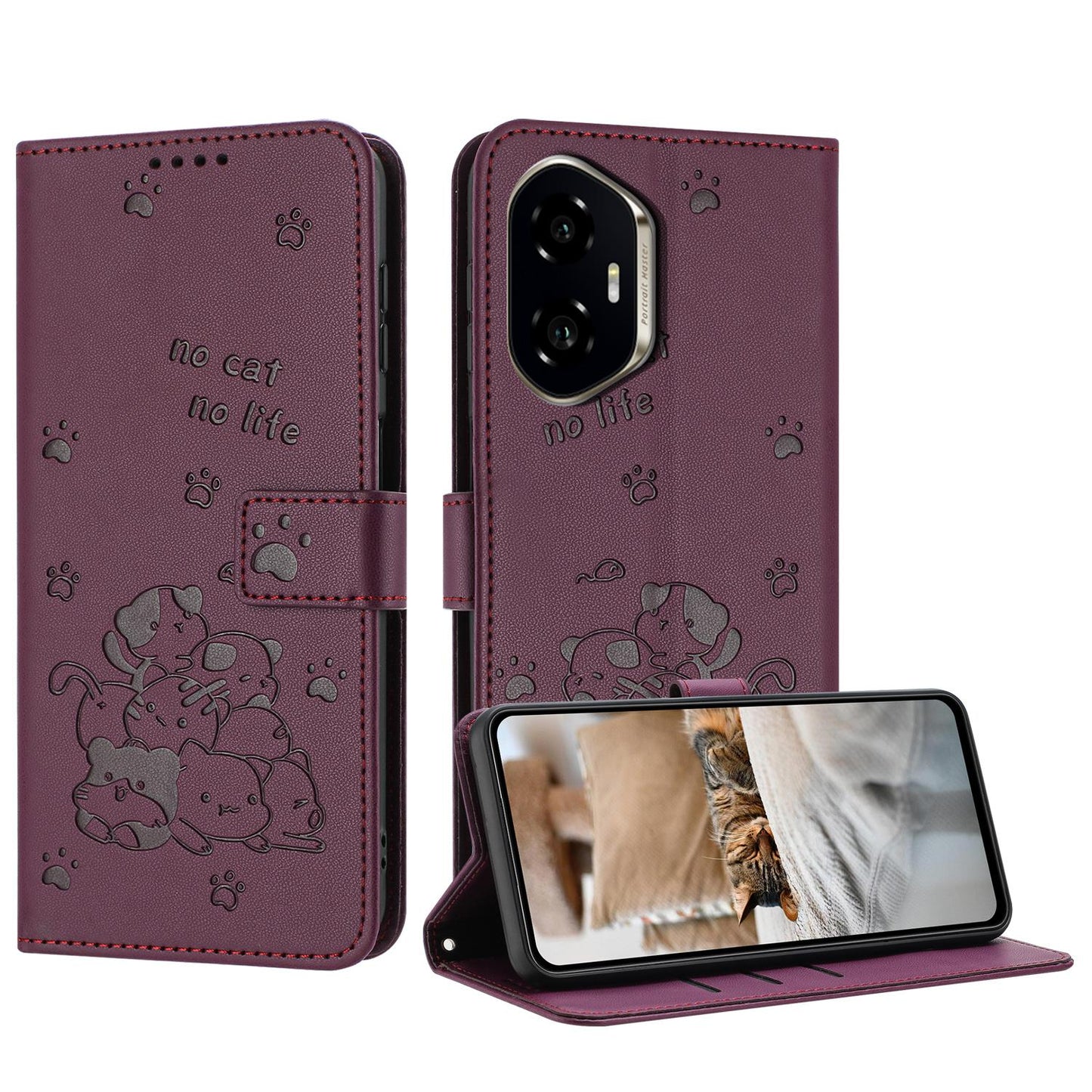 Honor 300 Embossed Kitten PU Leather Wallet Case with Card Slots, Cash Pocket, Kickstand Function, Wrist Lanyard Strap, Full Protective TPU Flip Cover