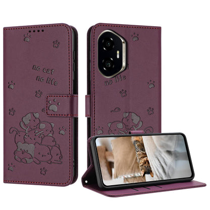 Honor 300 Embossed Kitten PU Leather Wallet Case with Card Slots, Cash Pocket, Kickstand Function, Wrist Lanyard Strap, Full Protective TPU Flip Cover