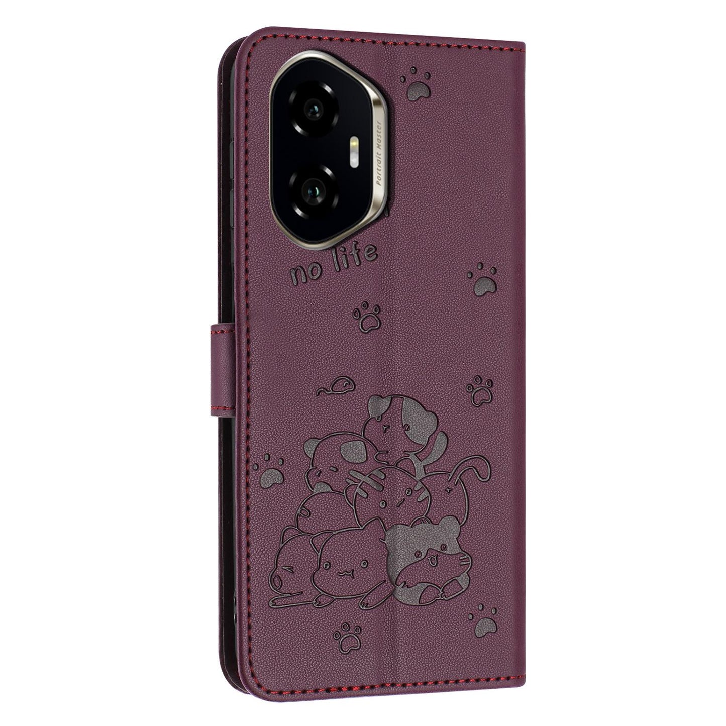 Honor 300 Embossed Kitten PU Leather Wallet Case with Card Slots, Cash Pocket, Kickstand Function, Wrist Lanyard Strap, Full Protective TPU Flip Cover