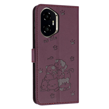 Honor 300 Embossed Kitten PU Leather Wallet Case with Card Slots, Cash Pocket, Kickstand Function, Wrist Lanyard Strap, Full Protective TPU Flip Cover