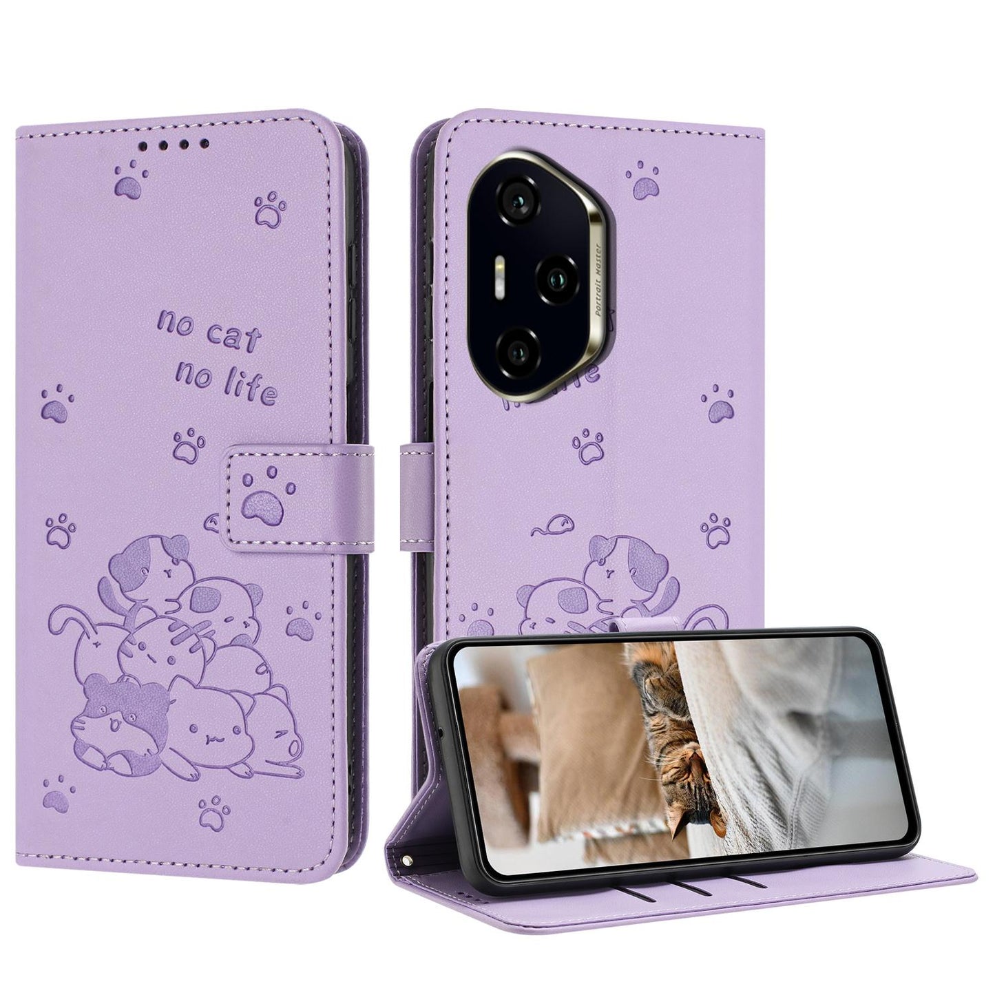 Honor 300 Pro Embossed Kitten PU Leather Wallet Case with Card Slots, Cash Pocket, Kickstand Function, Wrist Lanyard Strap, Full Protective TPU Flip Cover