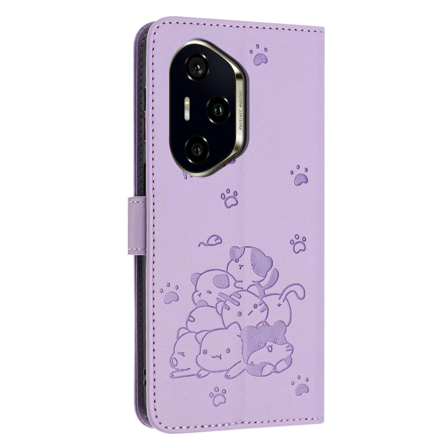 Honor 300 Pro Embossed Kitten PU Leather Wallet Case with Card Slots, Cash Pocket, Kickstand Function, Wrist Lanyard Strap, Full Protective TPU Flip Cover