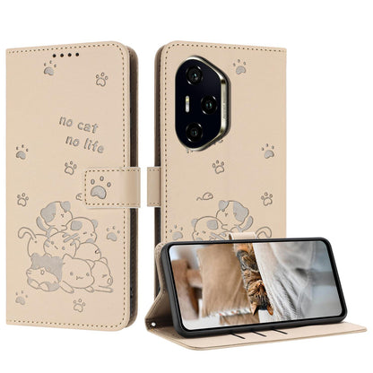 Honor 300 Pro Embossed Kitten PU Leather Wallet Case with Card Slots, Cash Pocket, Kickstand Function, Wrist Lanyard Strap, Full Protective TPU Flip Cover
