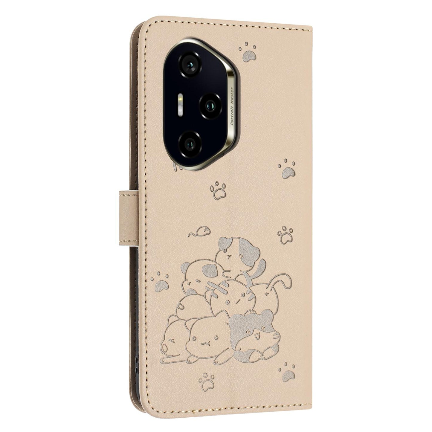 Honor 300 Pro Embossed Kitten PU Leather Wallet Case with Card Slots, Cash Pocket, Kickstand Function, Wrist Lanyard Strap, Full Protective TPU Flip Cover