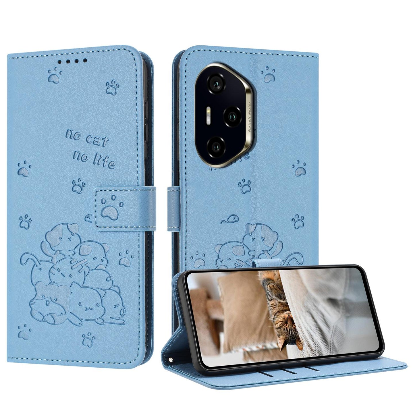 Honor 300 Pro Embossed Kitten PU Leather Wallet Case with Card Slots, Cash Pocket, Kickstand Function, Wrist Lanyard Strap, Full Protective TPU Flip Cover