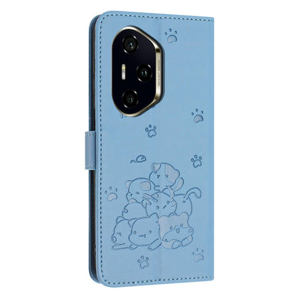 Honor 300 Pro Embossed Kitten PU Leather Wallet Case with Card Slots, Cash Pocket, Kickstand Function, Wrist Lanyard Strap, Full Protective TPU Flip Cover