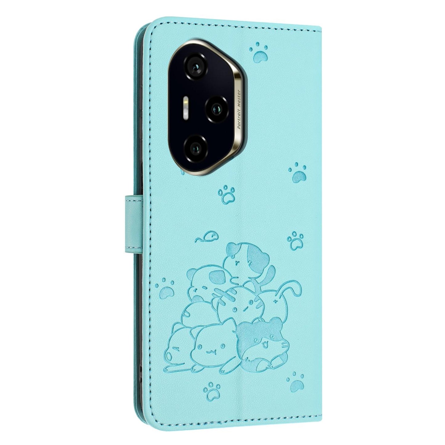 Honor 300 Pro Embossed Kitten PU Leather Wallet Case with Card Slots, Cash Pocket, Kickstand Function, Wrist Lanyard Strap, Full Protective TPU Flip Cover