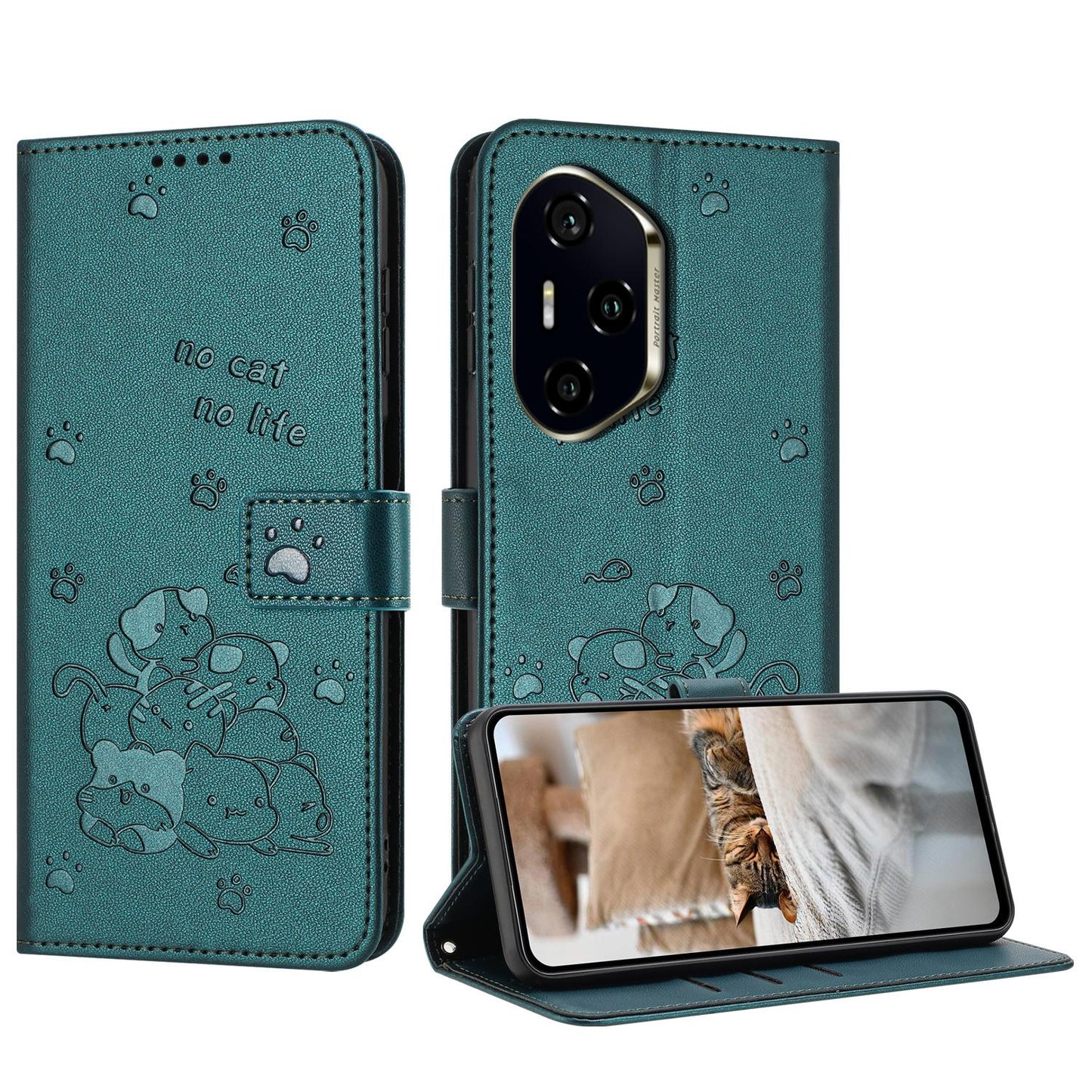 Honor 300 Pro Embossed Kitten PU Leather Wallet Case with Card Slots, Cash Pocket, Kickstand Function, Wrist Lanyard Strap, Full Protective TPU Flip Cover