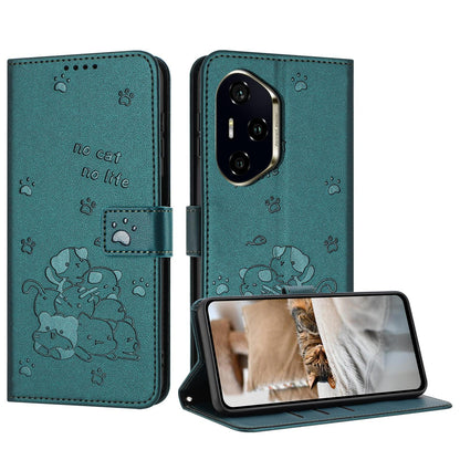 Honor 300 Pro Embossed Kitten PU Leather Wallet Case with Card Slots, Cash Pocket, Kickstand Function, Wrist Lanyard Strap, Full Protective TPU Flip Cover
