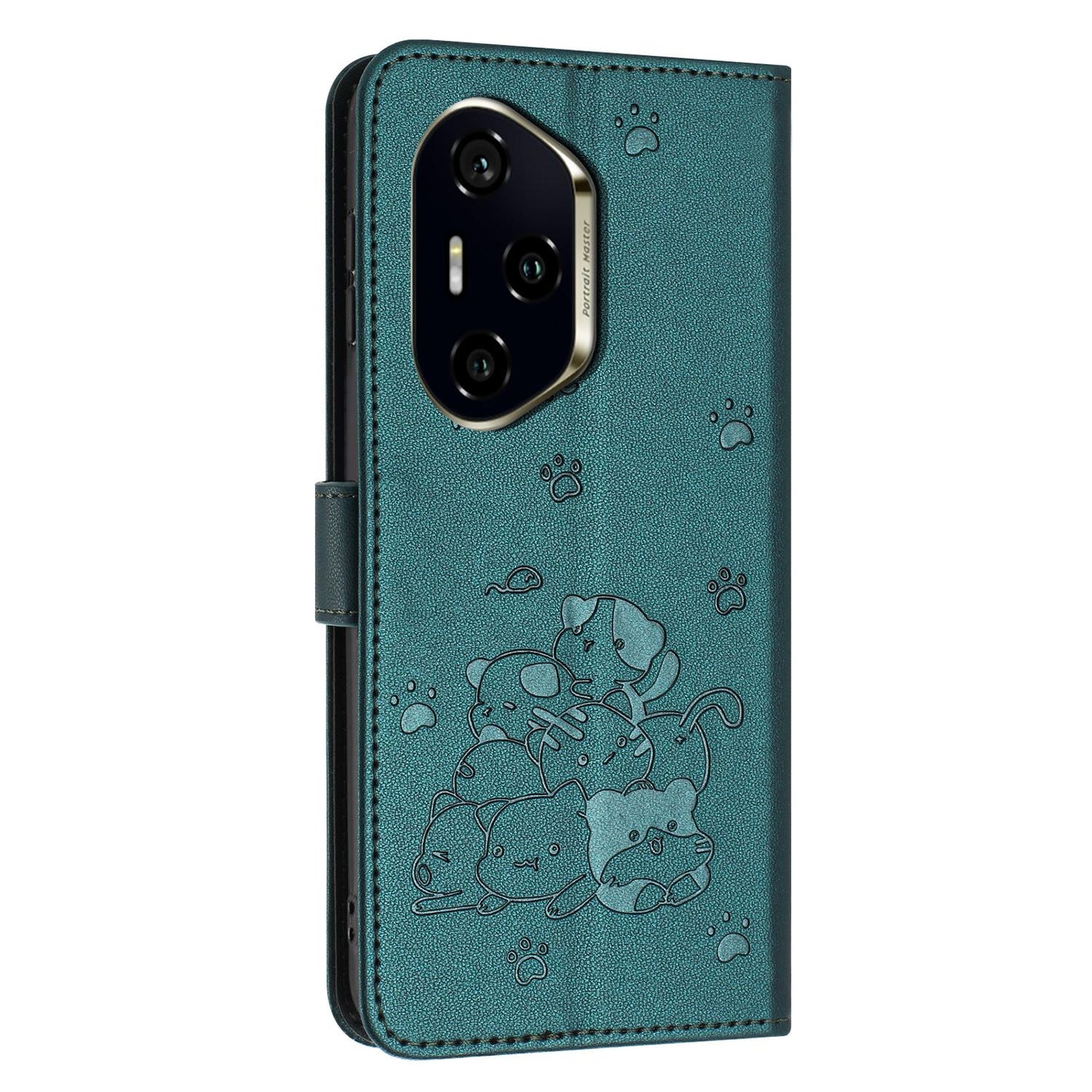 Honor 300 Pro Embossed Kitten PU Leather Wallet Case with Card Slots, Cash Pocket, Kickstand Function, Wrist Lanyard Strap, Full Protective TPU Flip Cover