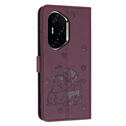 Honor 300 Pro Embossed Kitten PU Leather Wallet Case with Card Slots, Cash Pocket, Kickstand Function, Wrist Lanyard Strap, Full Protective TPU Flip Cover