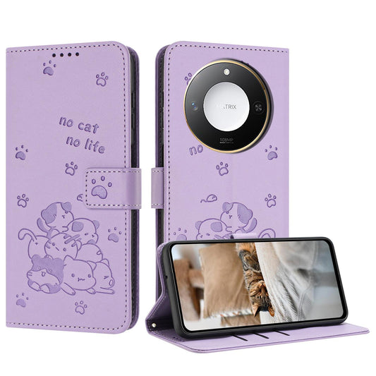 Honor X9c Smart Embossed Kitten PU Leather Wallet Case with Card Slots, Cash Pocket, Kickstand Function, Wrist Lanyard Strap, Full Protective TPU Flip Cover