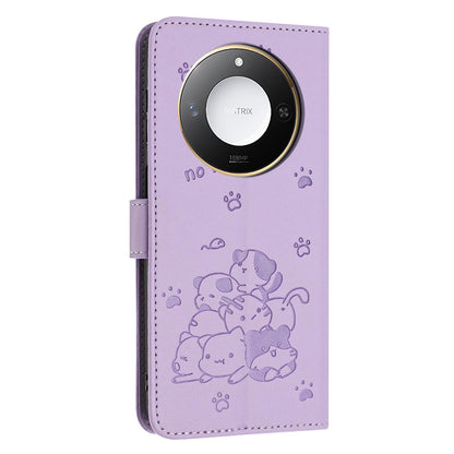 Honor X9c Smart Embossed Kitten PU Leather Wallet Case with Card Slots, Cash Pocket, Kickstand Function, Wrist Lanyard Strap, Full Protective TPU Flip Cover