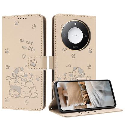 Honor X9c Smart Embossed Kitten PU Leather Wallet Case with Card Slots, Cash Pocket, Kickstand Function, Wrist Lanyard Strap, Full Protective TPU Flip Cover