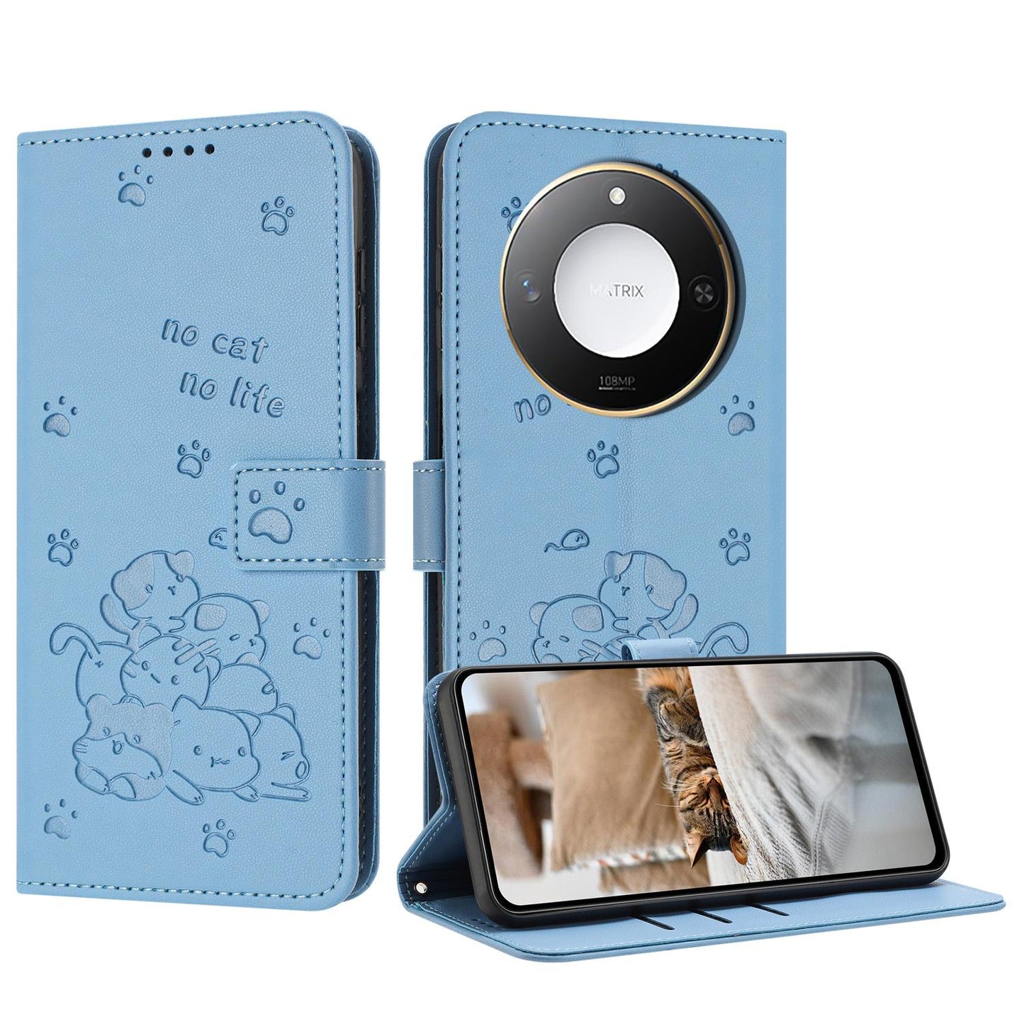 Honor X9c Smart Embossed Kitten PU Leather Wallet Case with Card Slots, Cash Pocket, Kickstand Function, Wrist Lanyard Strap, Full Protective TPU Flip Cover