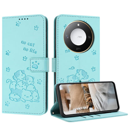 Honor X60 Embossed Kitten PU Leather Wallet Case with Card Slots, Cash Pocket, Kickstand Function, Wrist Lanyard Strap, Full Protective TPU Flip Cover