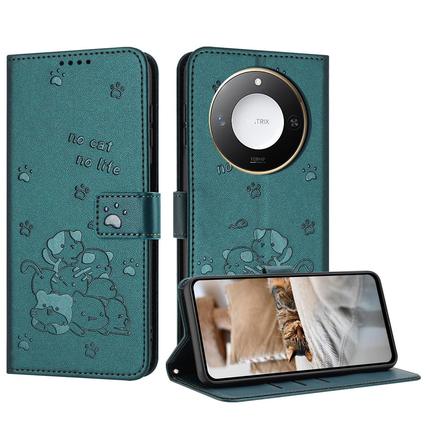 Honor X60 Embossed Kitten PU Leather Wallet Case with Card Slots, Cash Pocket, Kickstand Function, Wrist Lanyard Strap, Full Protective TPU Flip Cover
